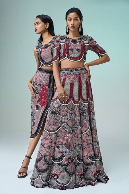 Buy Nupur Kanoi Red Crepe Sequins, Beads Round Neck Tribal Gul Embroidered Lehenga Set Buy_Nupur Kanoi_Red Crepe Sequins, Beads Round Neck Tribal Gul Embroidered Lehenga Set