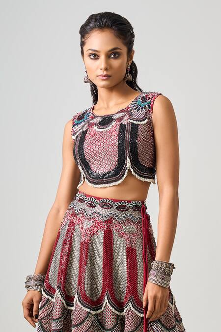 Nupur Kanoi_Red Crepe, Georgette Beads, Sequins Round Tribal Flora Embroidered Lehenga Set _Online_at_Aza_Fashions