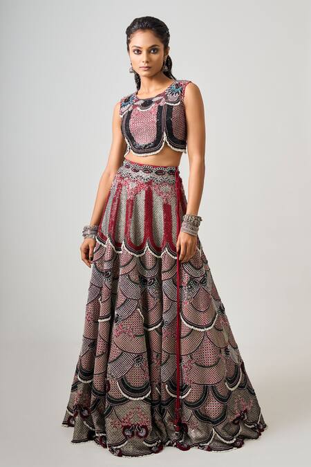 Buy_Nupur Kanoi_Red Crepe, Georgette Beads, Sequins Round Tribal Flora Embroidered Lehenga Set _Online_at_Aza_Fashions