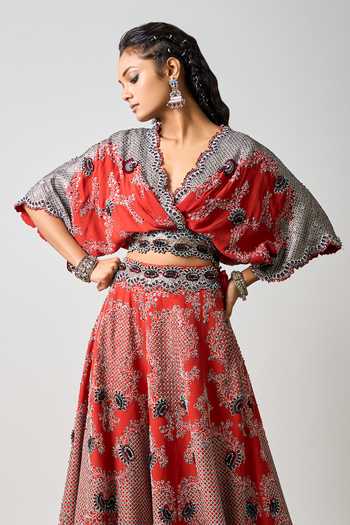 Nupur Kanoi_Orange Silk, Crepe Tribal Glory Bloom Embroidered Kaftan Top With Sharara _Online_at_Aza_Fashions