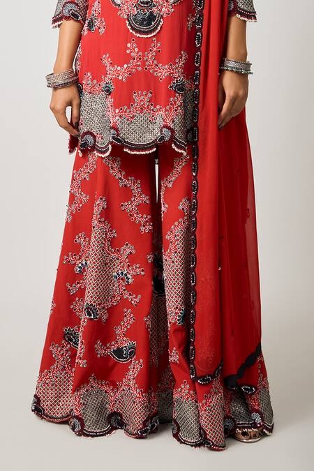 Buy Nupur Kanoi Orange Crepe, Georgette Tribal Flora Bloom Embroidered Kurti Gharara Set Online at Aza Fashions Buy_Nupur Kanoi_Orange Crepe, Georgette Tribal Flora Bloom Embroidered Kurti Gharara Set _Online_at_Aza_Fashions