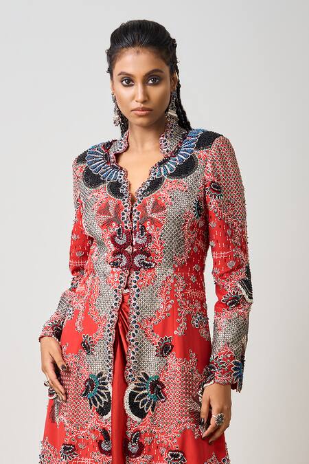 Nupur Kanoi Orange Silk, Satin Tribal Folklore Embroidered Long Jacket With Pick Up Skirt Online at Aza Fashions Nupur Kanoi_Orange Silk, Satin Tribal Folklore Embroidered Long Jacket With Pick Up Skirt _Online_at_Aza_Fashions