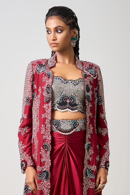 Nupur Kanoi_Red Silk, Crepe, Satin Sequins, Ethnic Tribe Long Jacket Pick Up Skirt Set _Online_at_Aza_Fashions