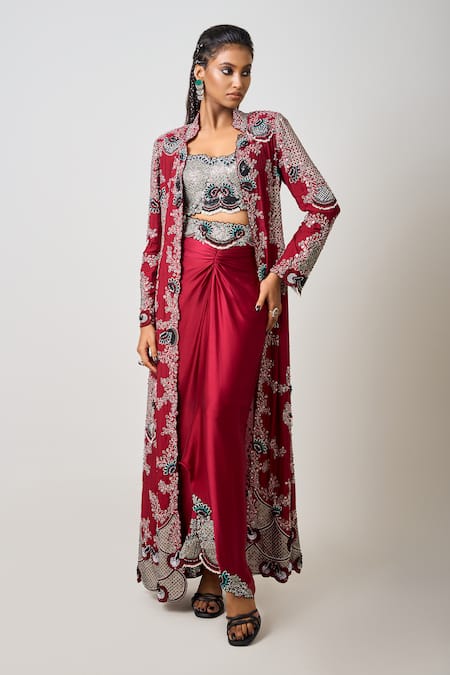 Buy_Nupur Kanoi_Red Silk, Crepe, Satin Sequins, Ethnic Tribe Long Jacket Pick Up Skirt Set _Online_at_Aza_Fashions