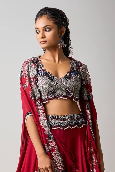 Nupur Kanoi_Red Georgette, Silk, Crepe Sequins, Ethnic Ambrosia Embroidered Cape Lehenga Set _Online_at_Aza_Fashions