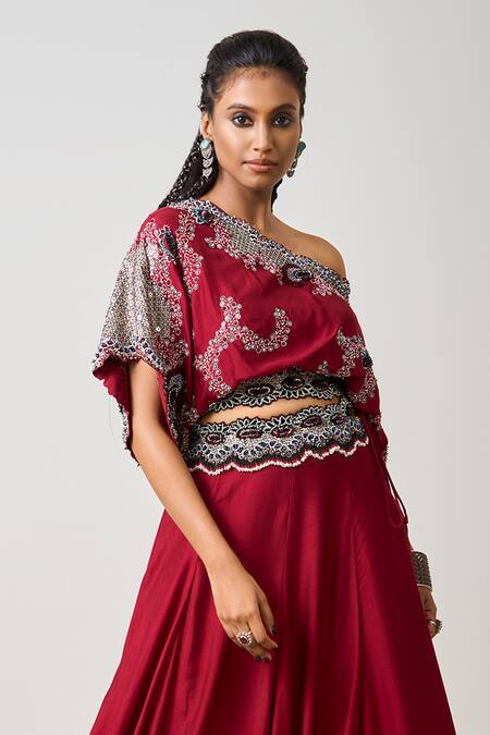 Nupur Kanoi_Red Silk, Crepe Sequins, Beads One Bloom Crest Vine Embroidered Top With Lehenga _Online_at_Aza_Fashions