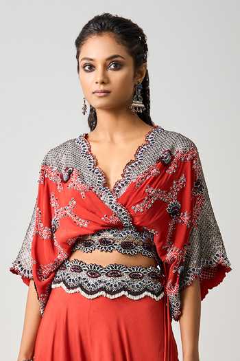 Nupur Kanoi_Orange Silk, Crepe Embroidery, Sequins Clover Vine Kaftan Top With Sharara _Online_at_Aza_Fashions
