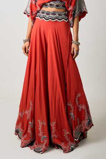 Buy_Nupur Kanoi_Orange Silk, Crepe Embroidery, Sequins Clover Vine Kaftan Top With Sharara _Online_at_Aza_Fashions