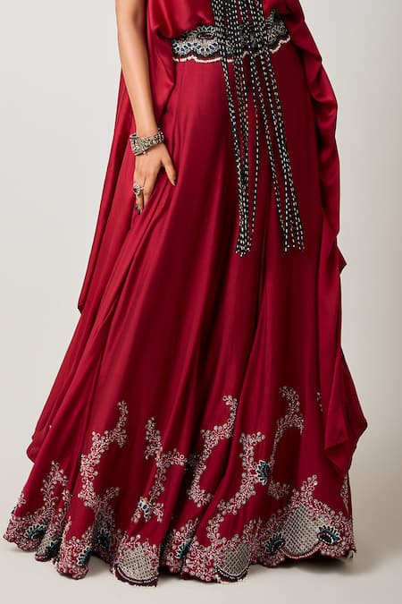 Nupur Kanoi_Red Silk, Satin Florence Embroidered Asymmetric Singlet Top With Lehenga _Online_at_Aza_Fashions