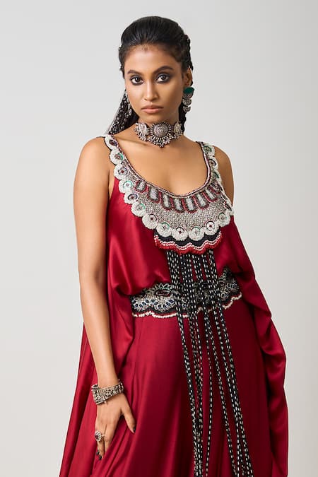 Buy_Nupur Kanoi_Red Silk, Satin Florence Embroidered Asymmetric Singlet Top With Lehenga _Online_at_Aza_Fashions