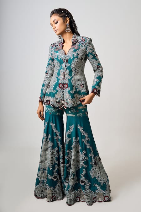 Nupur Kanoi Persian Bloom Embroidered Peplum Jacket With Gharara 