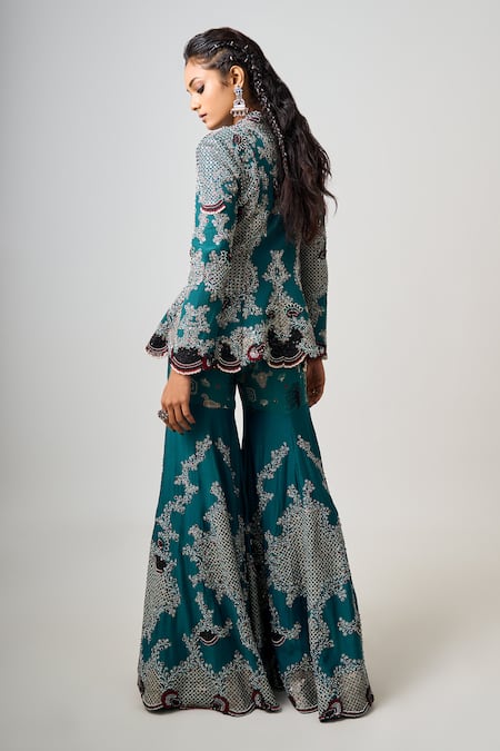 Nupur Kanoi Persian Bloom Embroidered Peplum Jacket With Gharara 