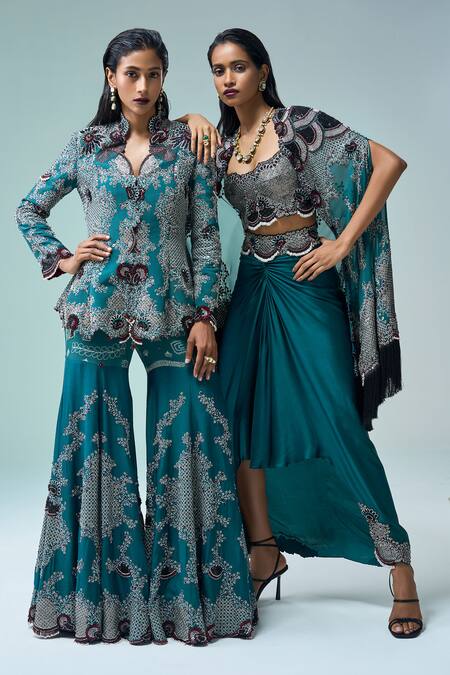 Nupur Kanoi_Blue Silk, Crepe Sequins, Embroidery, Persian Bloom Peplum Jacket With Gharara _Online_at_Aza_Fashions