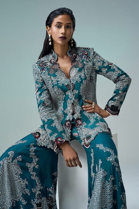 Shop_Nupur Kanoi_Blue Silk, Crepe Sequins, Embroidery, Persian Bloom Peplum Jacket With Gharara _Online_at_Aza_Fashions