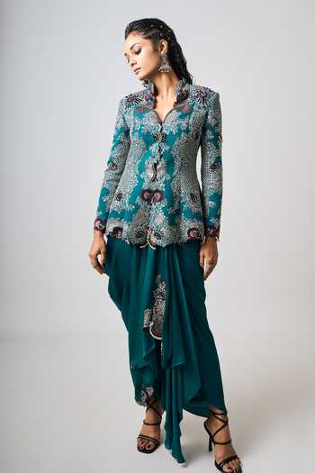 Nupur Kanoi Juniper Bloom Embroidered Peplum Jacket With Cowl Draped Skirt 