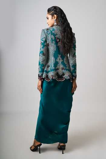 Nupur Kanoi Juniper Bloom Embroidered Peplum Jacket With Cowl Draped Skirt 
