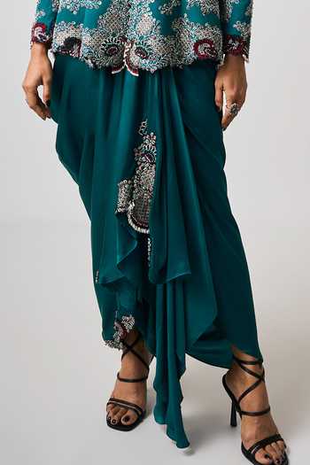 Nupur Kanoi_Blue Silk, Satin, Juniper Bloom Embroidered Peplum Jacket With Cowl Draped Skirt _Online_at_Aza_Fashions