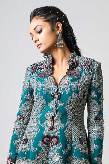 Buy_Nupur Kanoi_Blue Silk, Satin, Juniper Bloom Embroidered Peplum Jacket With Cowl Draped Skirt _Online_at_Aza_Fashions
