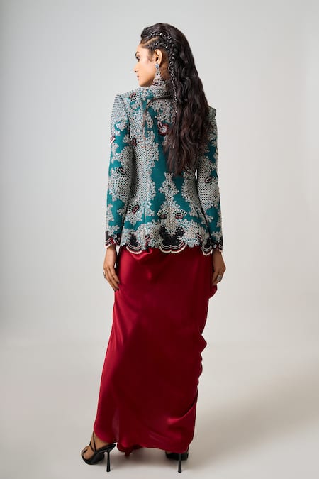 Nupur Kanoi Mayan Bloom Embroidered Peplum Jacket With Cowl Draped Skirt 