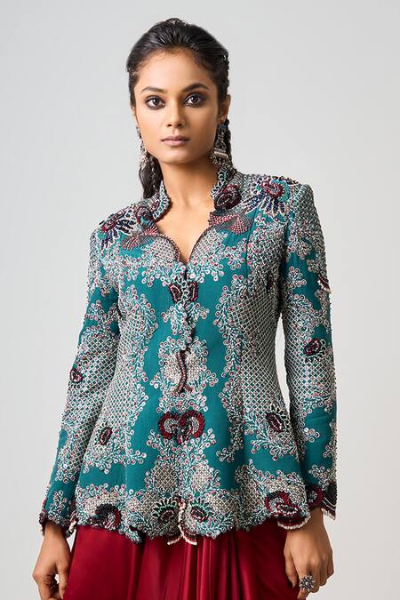 Nupur Kanoi_Blue Silk, Satin Sequins, Mayan Bloom Peplum Jacket With Cowl Draped Skirt _Online_at_Aza_Fashions