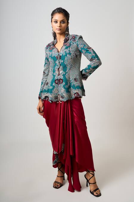 Shop_Nupur Kanoi_Blue Silk, Satin Sequins, Mayan Bloom Peplum Jacket With Cowl Draped Skirt _Online_at_Aza_Fashions