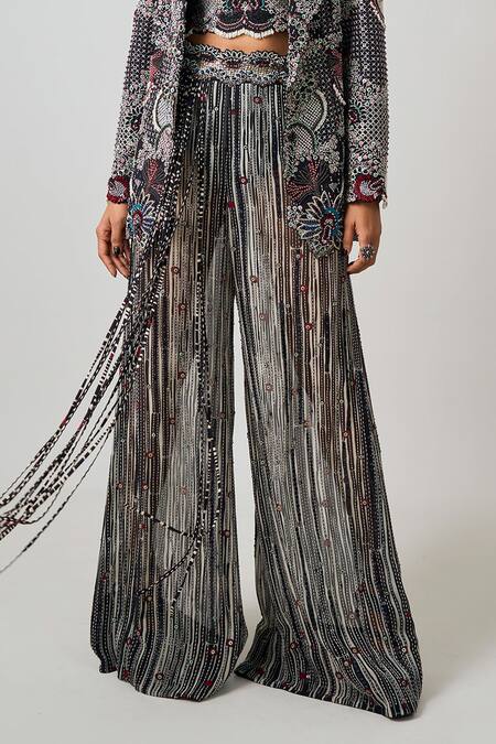 Nupur Kanoi_Black Crepe, Georgette Sequins, Aztec Bloom Embroidered Blazer Flared Pant Set _Online_at_Aza_Fashions