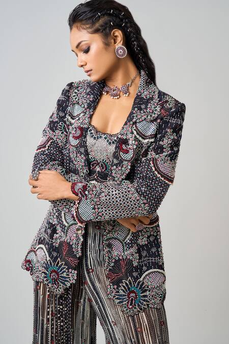 Buy_Nupur Kanoi_Black Crepe, Georgette Sequins, Aztec Bloom Embroidered Blazer Flared Pant Set _Online_at_Aza_Fashions