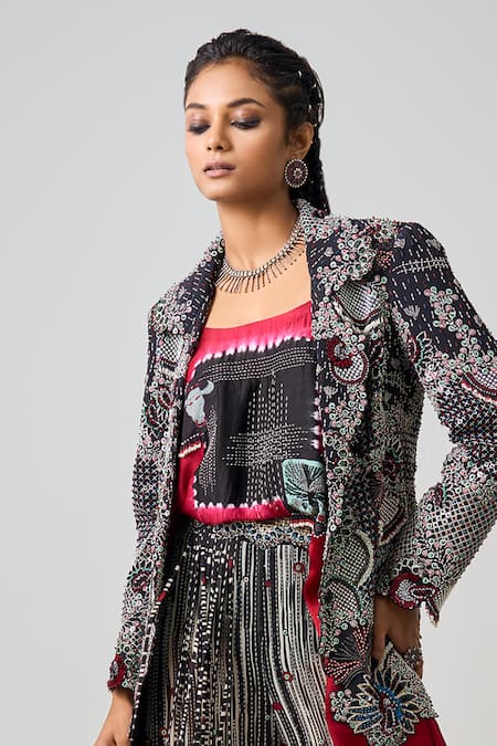 Nupur Kanoi_Black Crepe, Georgette, Satin Embroidery, Aztec Blossom Blazer Pant Set _Online_at_Aza_Fashions