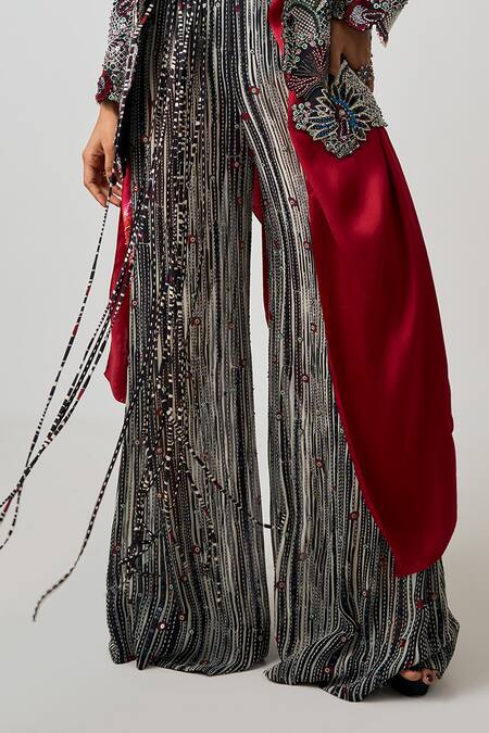 Buy_Nupur Kanoi_Black Crepe, Georgette, Satin Embroidery, Aztec Blossom Blazer Pant Set _Online_at_Aza_Fashions