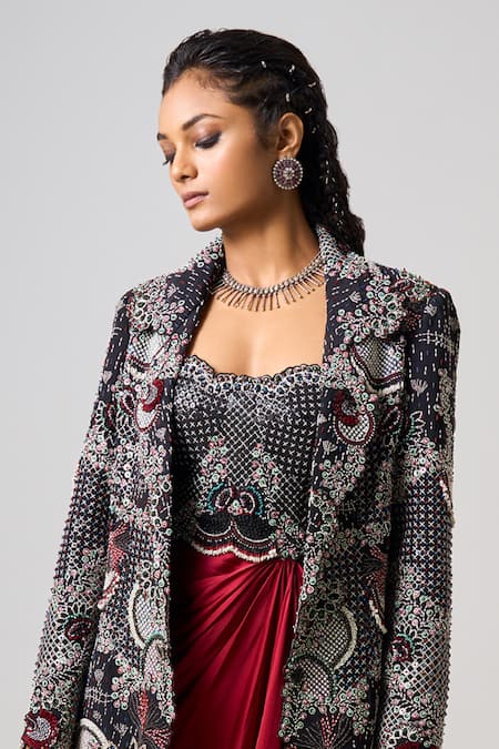 Nupur Kanoi_Black Crepe, Satin Sequins, Jaal Blossom Embroidered Blazer And Draped Dress _Online_at_Aza_Fashions