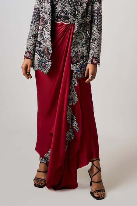 Buy_Nupur Kanoi_Black Crepe, Satin Sequins, Jaal Blossom Embroidered Blazer And Draped Dress _Online_at_Aza_Fashions