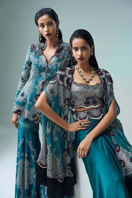 Shop Nupur Kanoi Blue Crepe, Satin Sequins, Beads Open Bahar Embroidered Cape Pick Up Skirt Set Online at Aza Fashions Shop_Nupur Kanoi_Blue Crepe, Satin Sequins, Beads Open Bahar Embroidered Cape Pick Up Skirt Set _Online_at_Aza_Fashions