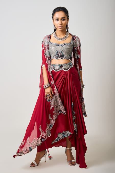 Nupur Kanoi Bahar Flora Embroidered Cape Draped Skirt Set 