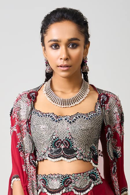 Nupur Kanoi_Red Crepe, Georgette Sequins, Bahar Flora Embroidered Cape Draped Skirt Set _Online_at_Aza_Fashions