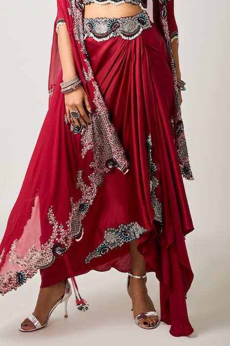 Buy_Nupur Kanoi_Red Crepe, Georgette Sequins, Bahar Flora Embroidered Cape Draped Skirt Set _Online_at_Aza_Fashions