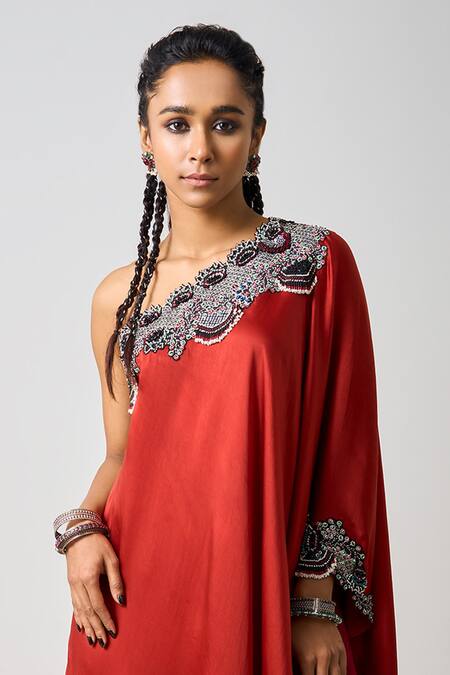 Buy_Nupur Kanoi_Orange Crepe, Satin Sequins, Embellished Asymmetric Layered Cape With Gharara _Online_at_Aza_Fashions