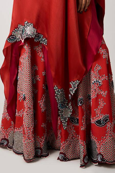Shop_Nupur Kanoi_Orange Crepe, Satin Sequins, Embellished Asymmetric Layered Cape With Gharara _Online_at_Aza_Fashions