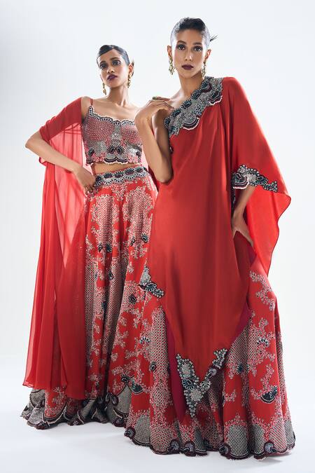 Nupur Kanoi_Orange Crepe, Satin Sequins, Embellished Asymmetric Layered Cape With Gharara _at_Aza_Fashions