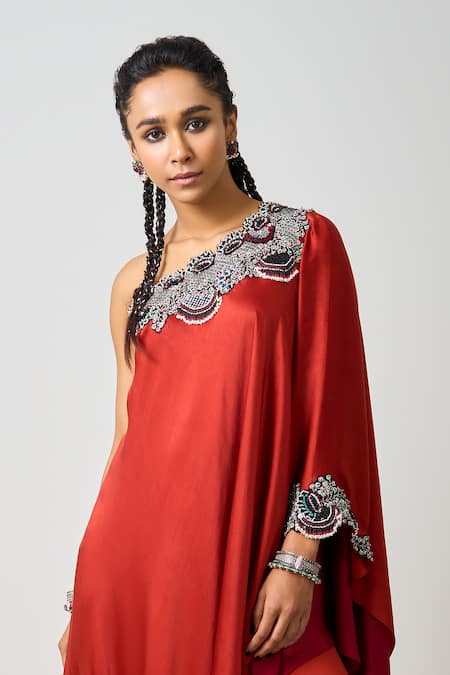 Nupur Kanoi_Orange Crepe, Satin Sequins Embellished Layered Asymmetric Cape With Gharara _Online_at_Aza_Fashions