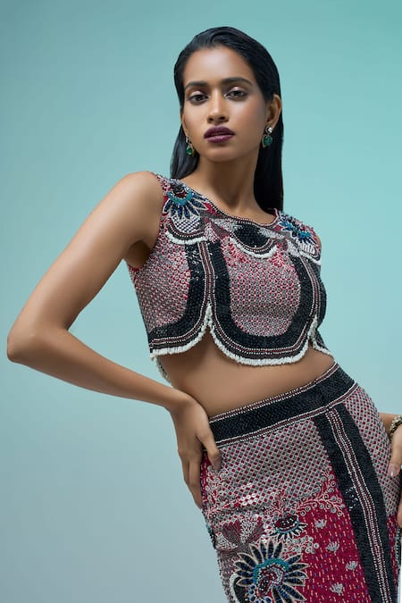 Nupur Kanoi_Burgundy Crepe, Georgette Sequins, 3d Flower Embellished Top With Slit Skirt _Online_at_Aza_Fashions