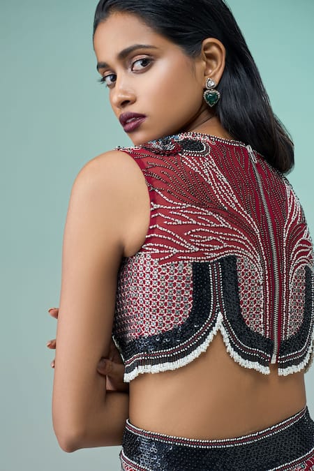 Buy_Nupur Kanoi_Burgundy Crepe, Georgette Sequins, 3d Flower Embellished Top With Slit Skirt _Online_at_Aza_Fashions