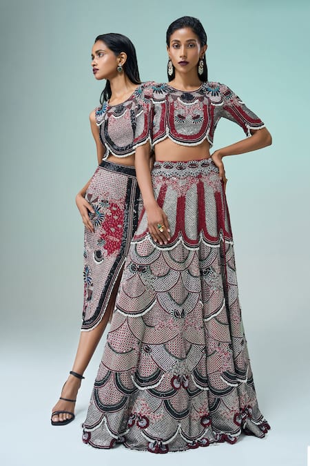 Shop_Nupur Kanoi_Burgundy Crepe, Georgette Sequins, 3d Flower Embellished Top With Slit Skirt _Online_at_Aza_Fashions