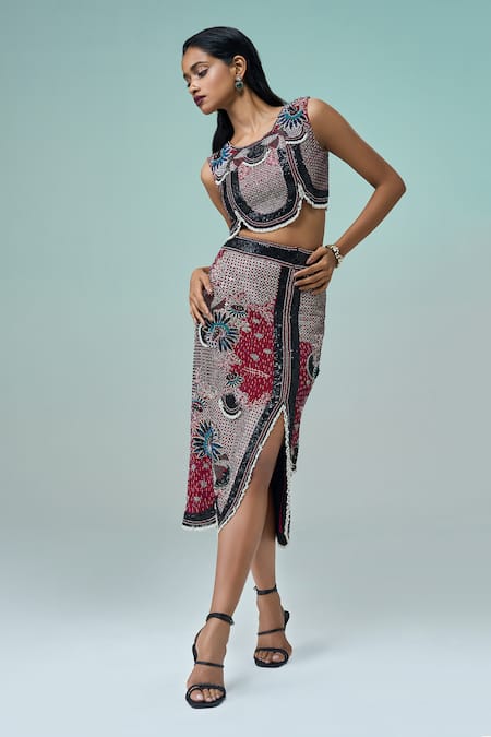 Nupur Kanoi_Burgundy Crepe, Georgette Sequins, 3d Flower Embellished Top With Slit Skirt _at_Aza_Fashions