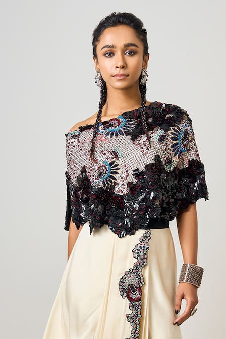 Nupur Kanoi_Black Crepe, Satin Sequins, Floral Embellished Cape With Pre-draped Skirt Saree _Online_at_Aza_Fashions