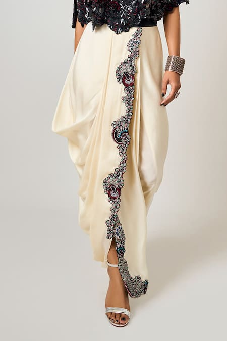 Buy_Nupur Kanoi_Black Crepe, Satin Sequins, Floral Embellished Cape With Pre-draped Skirt Saree _Online_at_Aza_Fashions