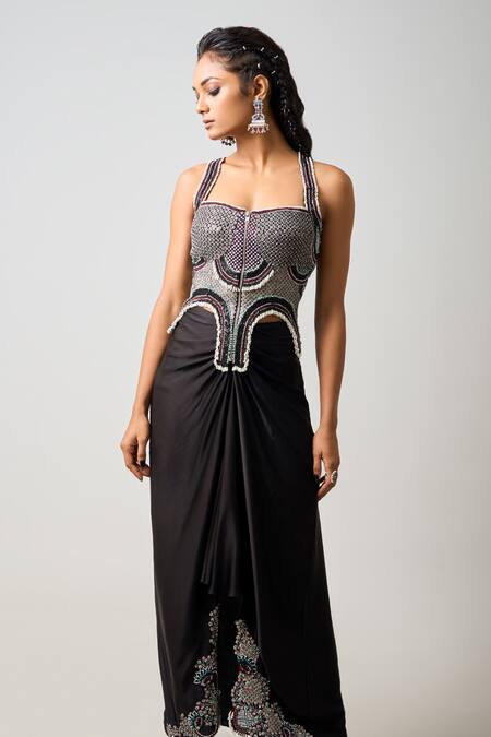 Nupur Kanoi_Black Crepe, Satin Kantha Checkered Embroidered Corset With Draped Skirt _Online_at_Aza_Fashions