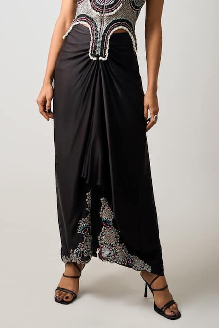 Buy_Nupur Kanoi_Black Crepe, Satin Kantha Checkered Embroidered Corset With Draped Skirt _Online_at_Aza_Fashions
