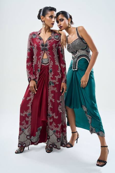 Nupur Kanoi Blue Crepe, Satin Sequins, Checkered Kantha Embroidered Corset With Draped Skirt Online at Aza Fashions Nupur Kanoi_Blue Crepe, Satin Sequins, Checkered Kantha Embroidered Corset With Draped Skirt _Online_at_Aza_Fashions