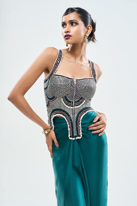 Shop Nupur Kanoi Blue Crepe, Satin Sequins, Checkered Kantha Embroidered Corset With Draped Skirt Online at Aza Fashions Shop_Nupur Kanoi_Blue Crepe, Satin Sequins, Checkered Kantha Embroidered Corset With Draped Skirt _Online_at_Aza_Fashions