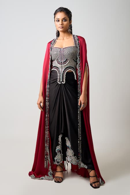 Nupur Kanoi Embellished Slit Cape Draped Skirt Set 